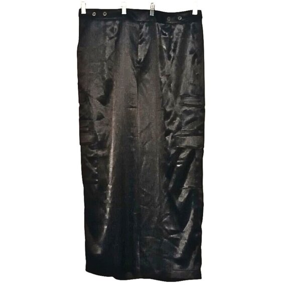 Satin Cargo Pants Women 18 Black Wide Leg High Rise Edgy Lightweight Utility - Picture 1 of 7